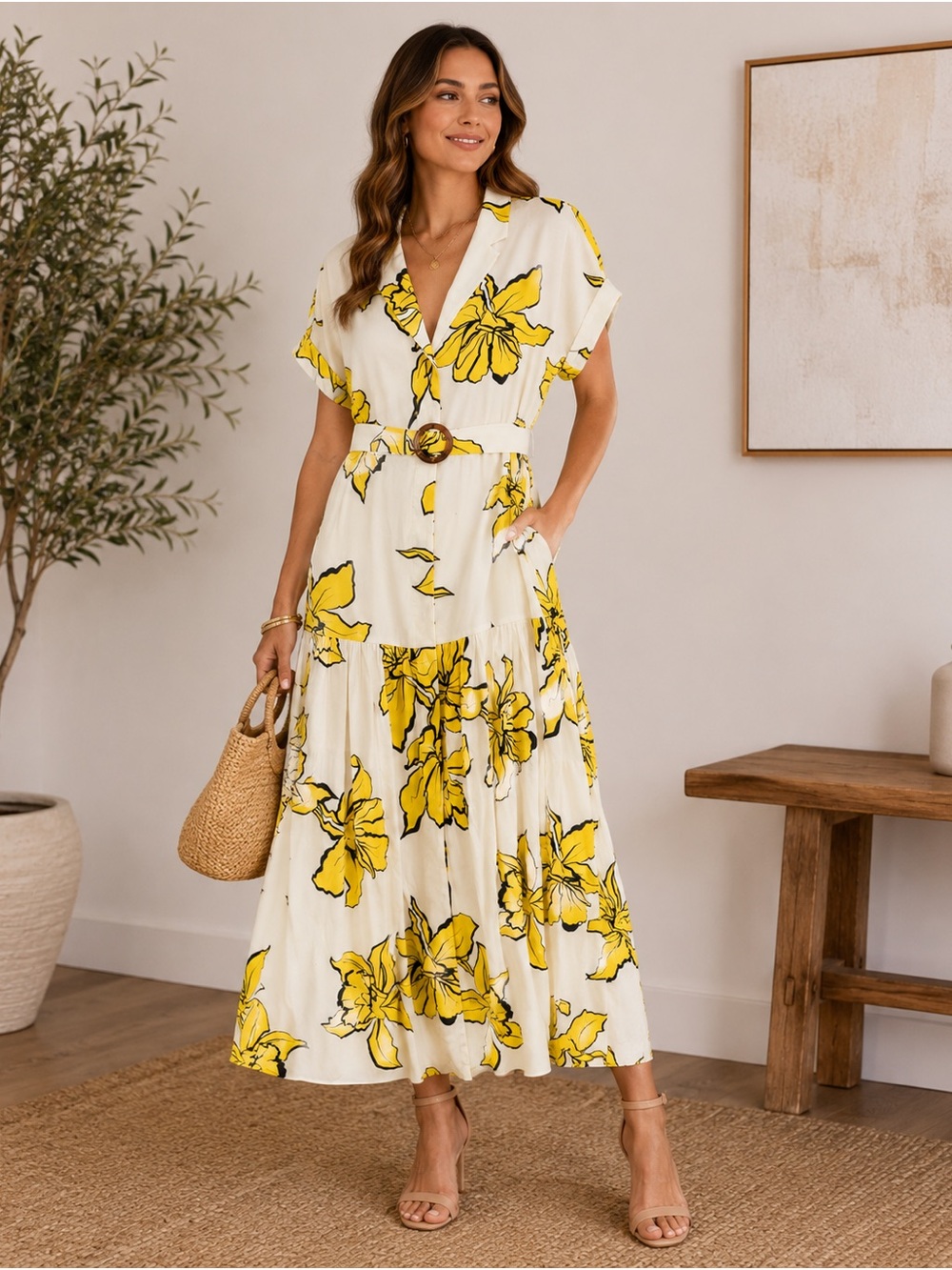 Slate & Willow Midi White & Yellow Floral Print Size Small Boho Casual Chic